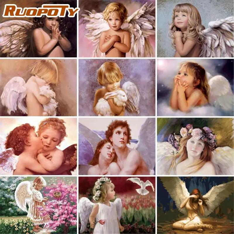 RUOPOTY-60 × 75cm 숫자로 그림, 소녀 천사 페인트, 캔버스에 숫자 그림, 홈 인테리어, DIY 선물, 벽 아트 그림